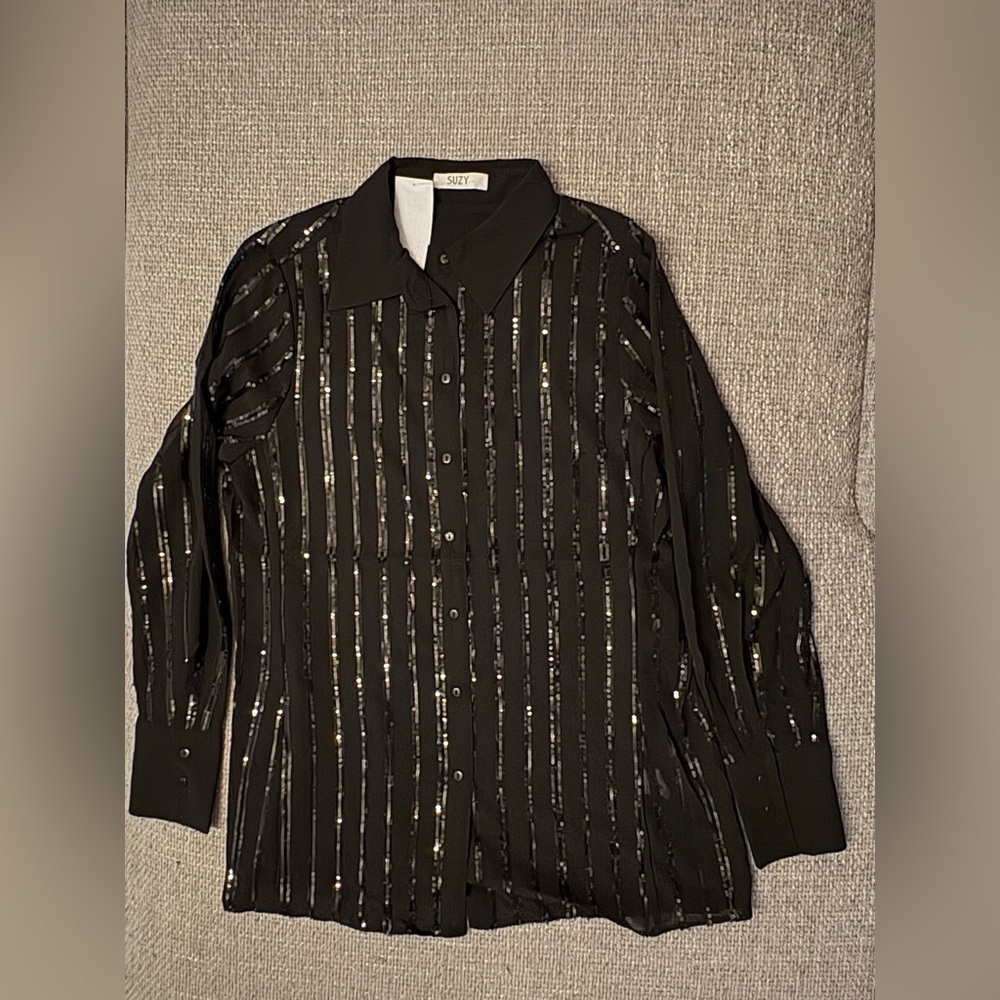 Suzy Shier Black Sheer Sequin Button-Down Dress – Size Small - Picture 2 of 10